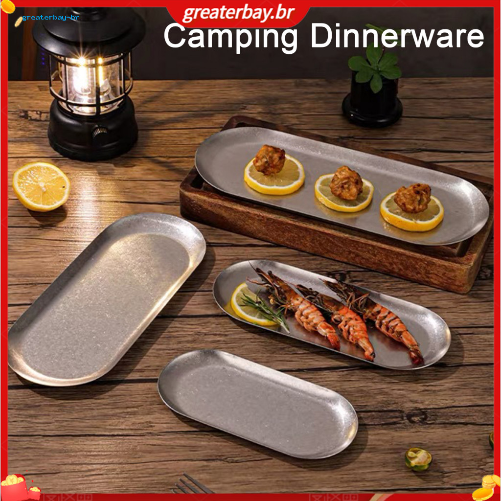 Stainless Steel Oval Serving Tray Retro Japanese Style Dessert Plate Heavy Duty Metal Platter for Camping Home Kitchen R