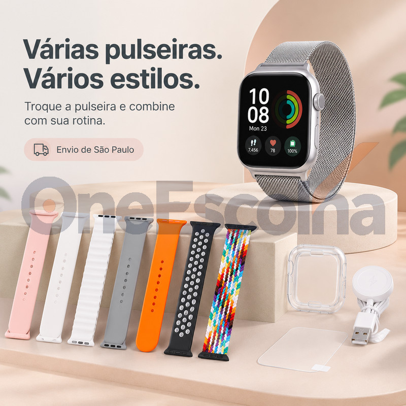 Opções: [7 Pulseiras+] Smartwatch em Kit, Chamadas Bluetooth, Controle de Música, iOS & Android, Estilo Casual