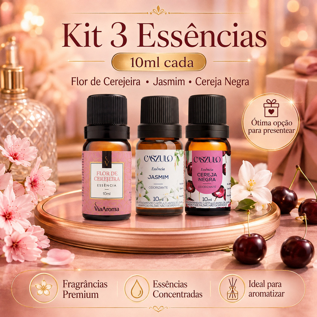 Kit com 3 Essencias Via Aroma For de Cerejeira, Jasmim e Ameixa Negra