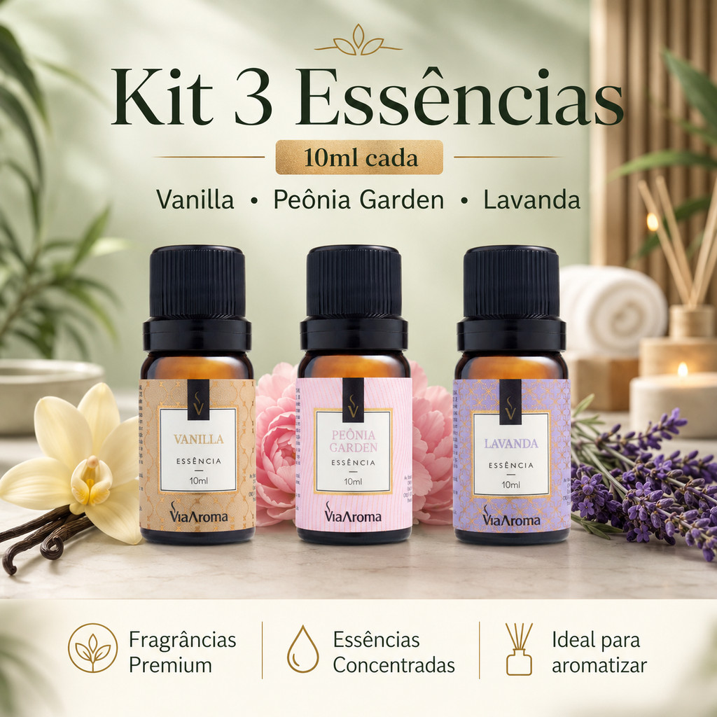 Kit com 3 Essencias Via Aroma Vanilla, Peonia Garden e Lavanda