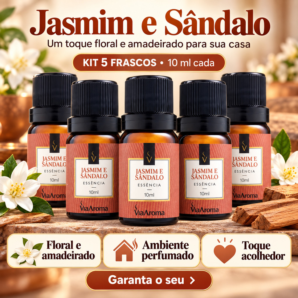 Kit com 5 Essencias Via Aroma Jasmim e Sandalo Classica 10ml