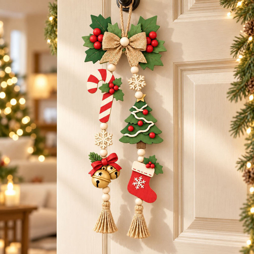 Rustic Hemp Rope Tassel Craft Christmas Door Hanging Decoration Hanger Sign Wooden Handmade Holiday Wall Decor with Cand