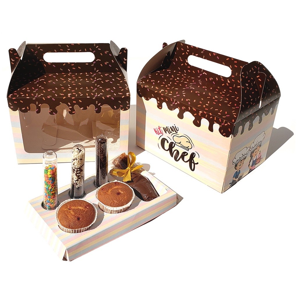 05 Caixas Dia Das Crianças, Maleta Mini Cheff Confeiteiro Cupcake ou Doces - 23x15x15cm com berço