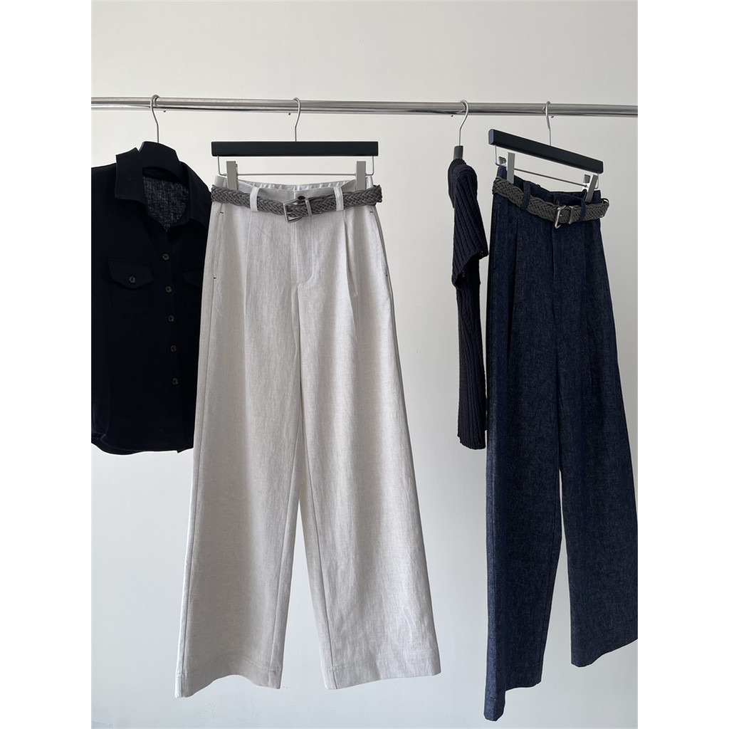 JAYT Retro Light Luxury Linho Calças de pernas largas Estilo férias com cinto tecido Calças de linho da moda