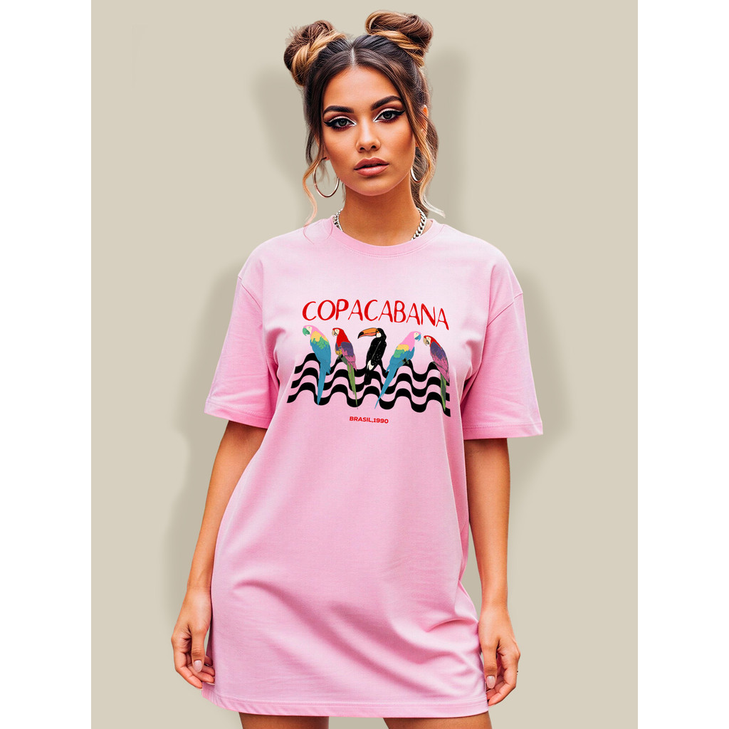 Blusão Feminino Modelagem Larga100%Algodão Premium Rosa Estampa Copa Cabana Camiseta Plus Zise Versátil Viagem Dia a Dia