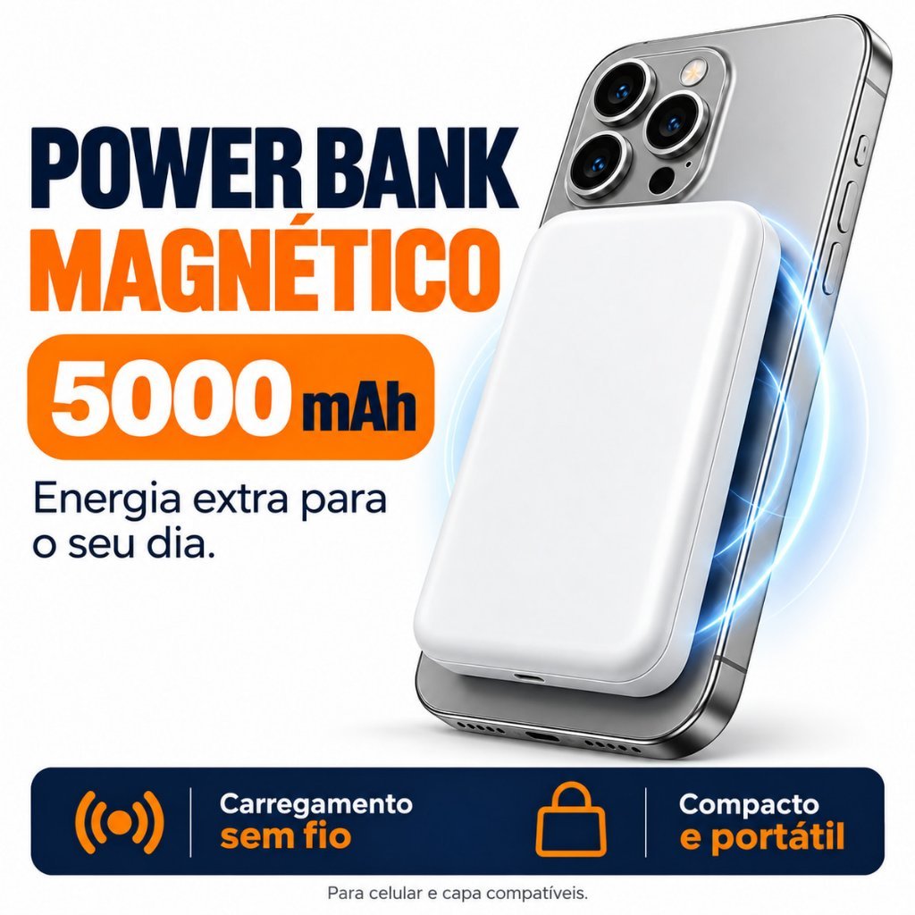 Carregador Portátil Power Bank Magnético 5000mAh Sem Fio Wireless Indução Bateria Externa Compatível com MagSafe iPhone