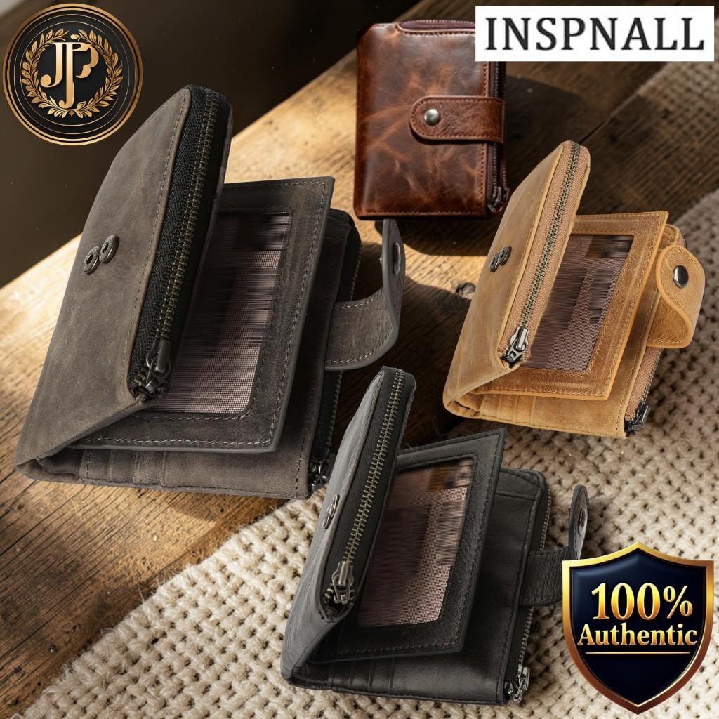 [INSPNALL] Men Genuine Cowhide Bifold Wallet with 16 Card Slots and L‑Shaped YKK Zipper Coin Pocket