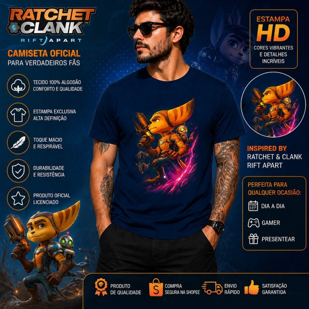 Camiseta Ratchet & Clank Rift Apart | Gamer | Estampa HD Premium | 100% Algodão | Adulto e Infantil