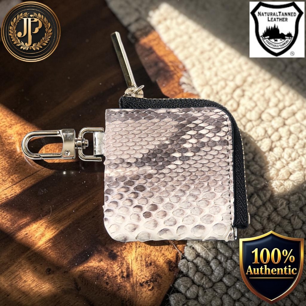 [CLW] Diamond Python Mini Coin Case, Natural Beige/White, Silver Zipper, Snake Leather