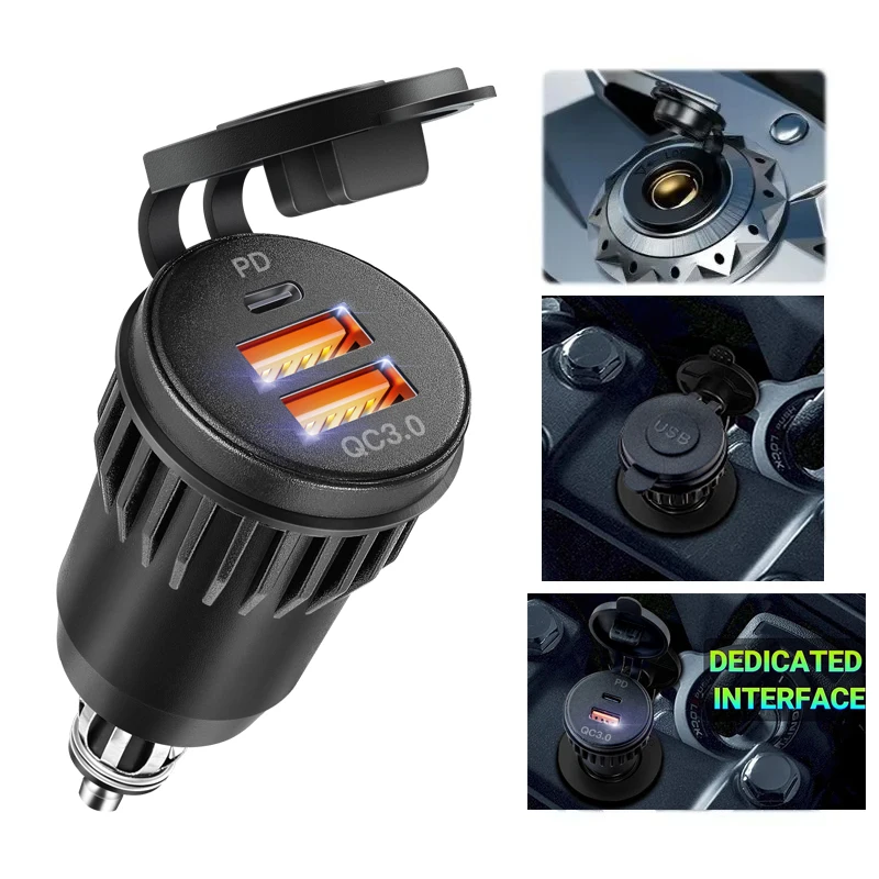 Motorcycle Waterproof Fast Charger with Usb Type-C Port 12V/24V Qc3.0 Power Adapter Din Plug Socket for Black