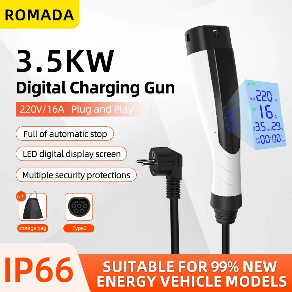 NEW 3.5KW-3.68KW 16A Portable EV Charger IP66 Waterproof With Display 3M-10M Cable IEC62196 TYPE2 EVSE EU Plug Fast Charging CE