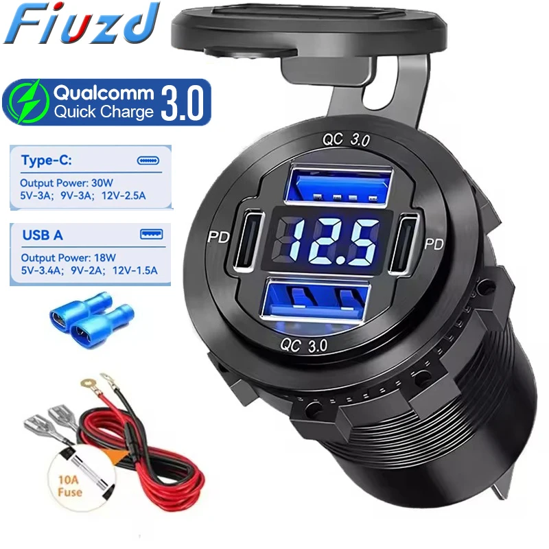 12V/24V USB C Car Charger Socket Waterproof USB Fast Charging Socket Dual PD3.0 & QC3.0 Power Outlet Adapter with LED Voltmeter
