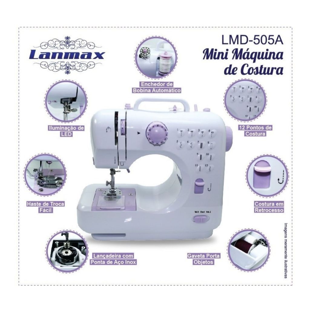 Mini Máquina de Costura LM-505A: Portátil, Branca, Bivolt Costura Doméstica, Artesanato - Lanmax