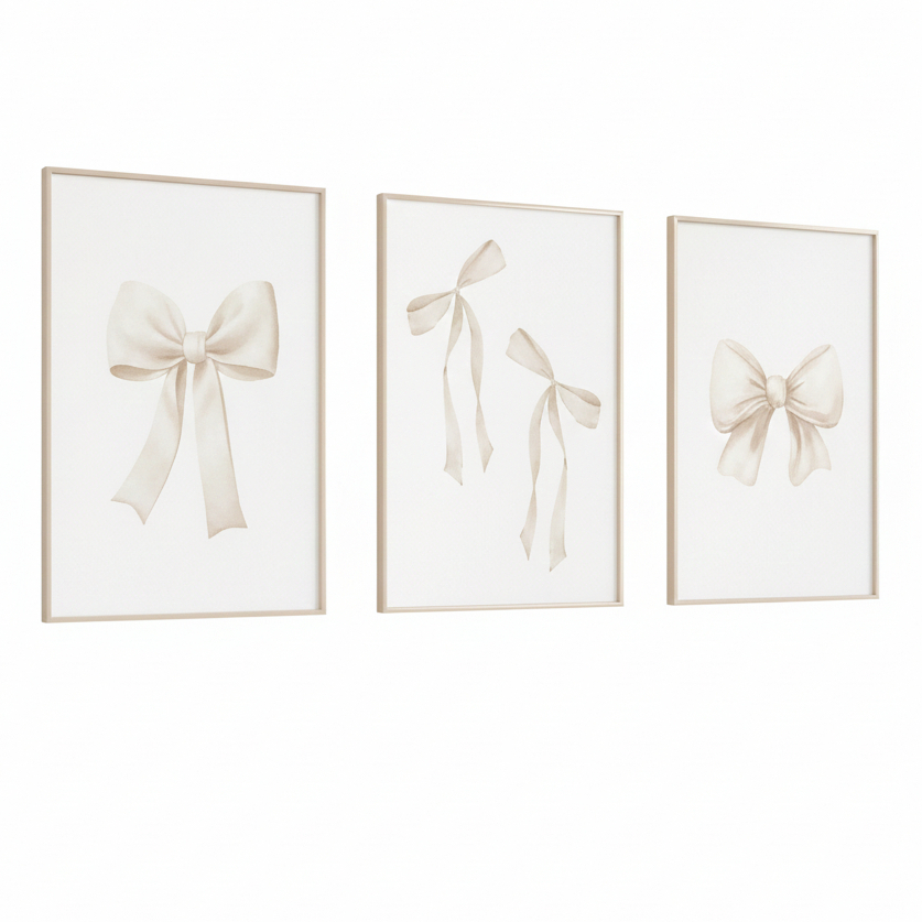 Quadros decorativos Laços brancos coquete para quartos de garotas fofos e delicados (3 peças)