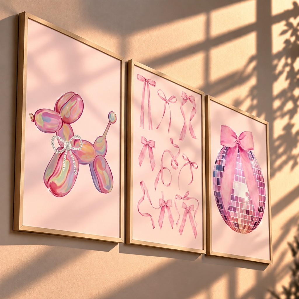 Quadros decorativos Laços rosas, bola de discoteca, preppy rosa fofos (3 peças)