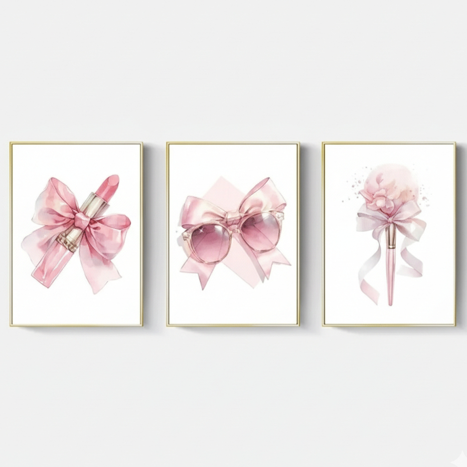 Quadros decorativos Fofo coquet rosa com laços e flores (3 peças)