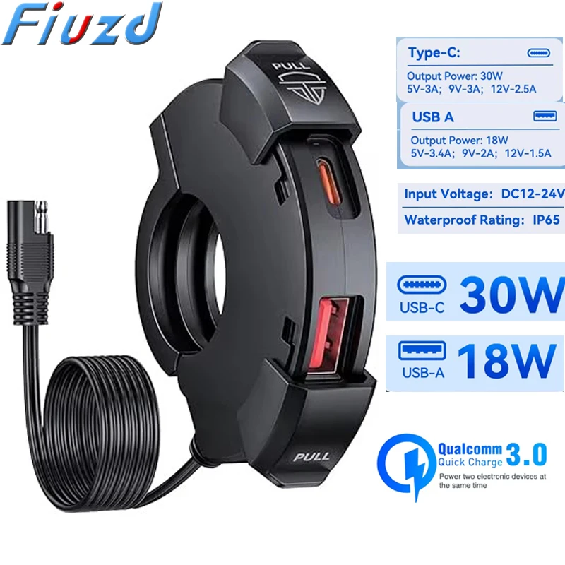 Extractme QC3.0 Motorcycle Usb Fast Charger With 30W Type-C Cell Phone Port Power Outlet Waterproof Socket Chargers Plug Adapter