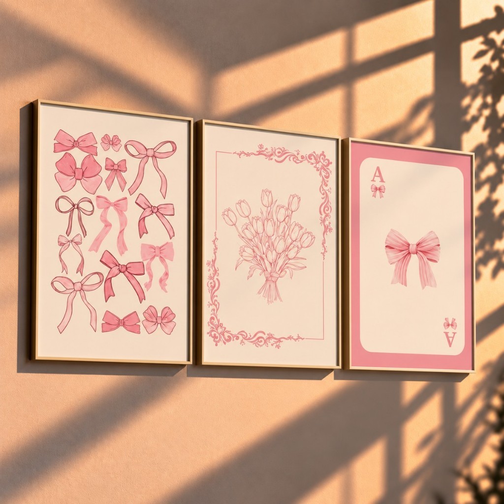 Quadros decorativos Fofo coquet rosa com laços e flores delicadas (3 peças)
