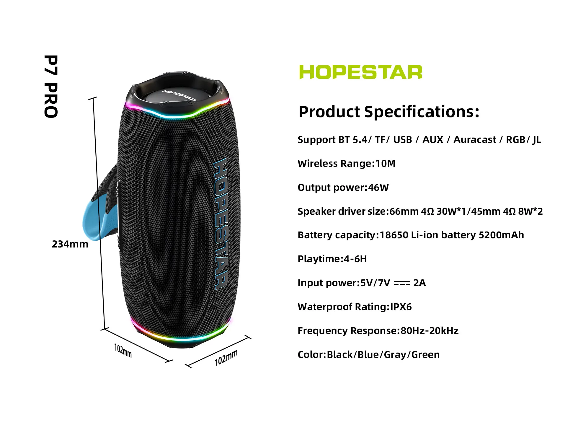 HOPESTAR P7PRO New Arrival 46W IPX6 Waterproof Speaker for 5200mAh Battery RGB Light for Outdoor Parties & Home Theater Use