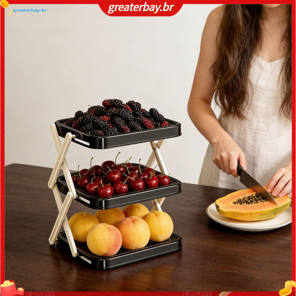 Three-tier Foldable Kitchen Plate Storage Rack – Space-saving Collapsible Organizer with Open Access Design for Food D