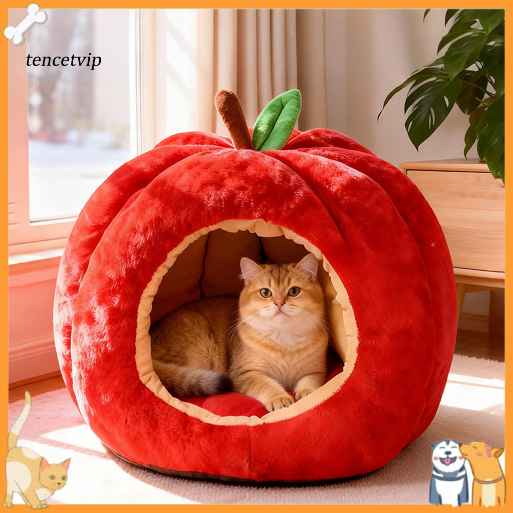 Apple Shape Cat Cave Bed Plush Pet House for Small Dogs Cozy Apple-shaped with Removable Cushion – Enclosed Hideaway f