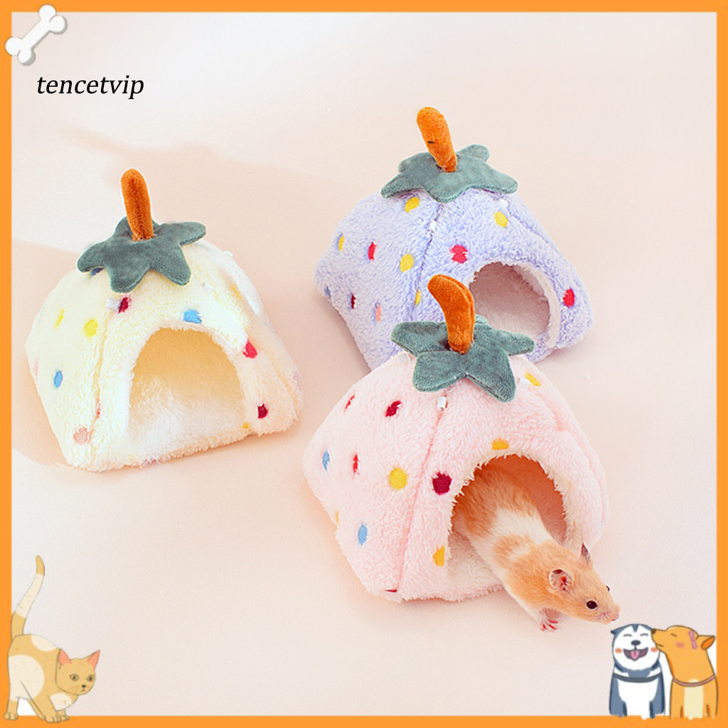 Small Pet Hideout Plush Strawberry Hamster Bed – Soft Warm Winter Cozy Cave for Gerbil Sugar Glider Guinea Pig Squirre