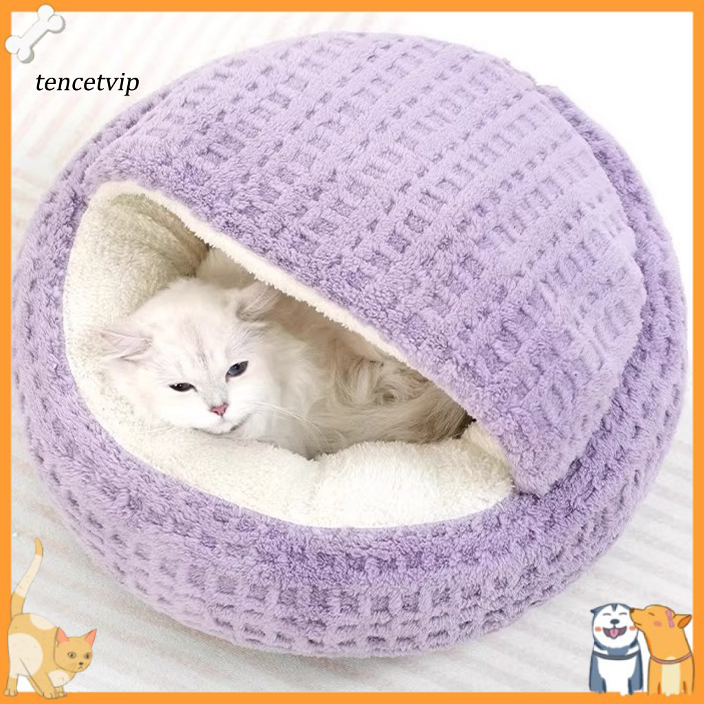 Self Warming Cat Bed Semi Enclosed Cave for Small Cats Cozy Covered Semi-enclosed Plush Hooded with Non-slip Bottom Warm
