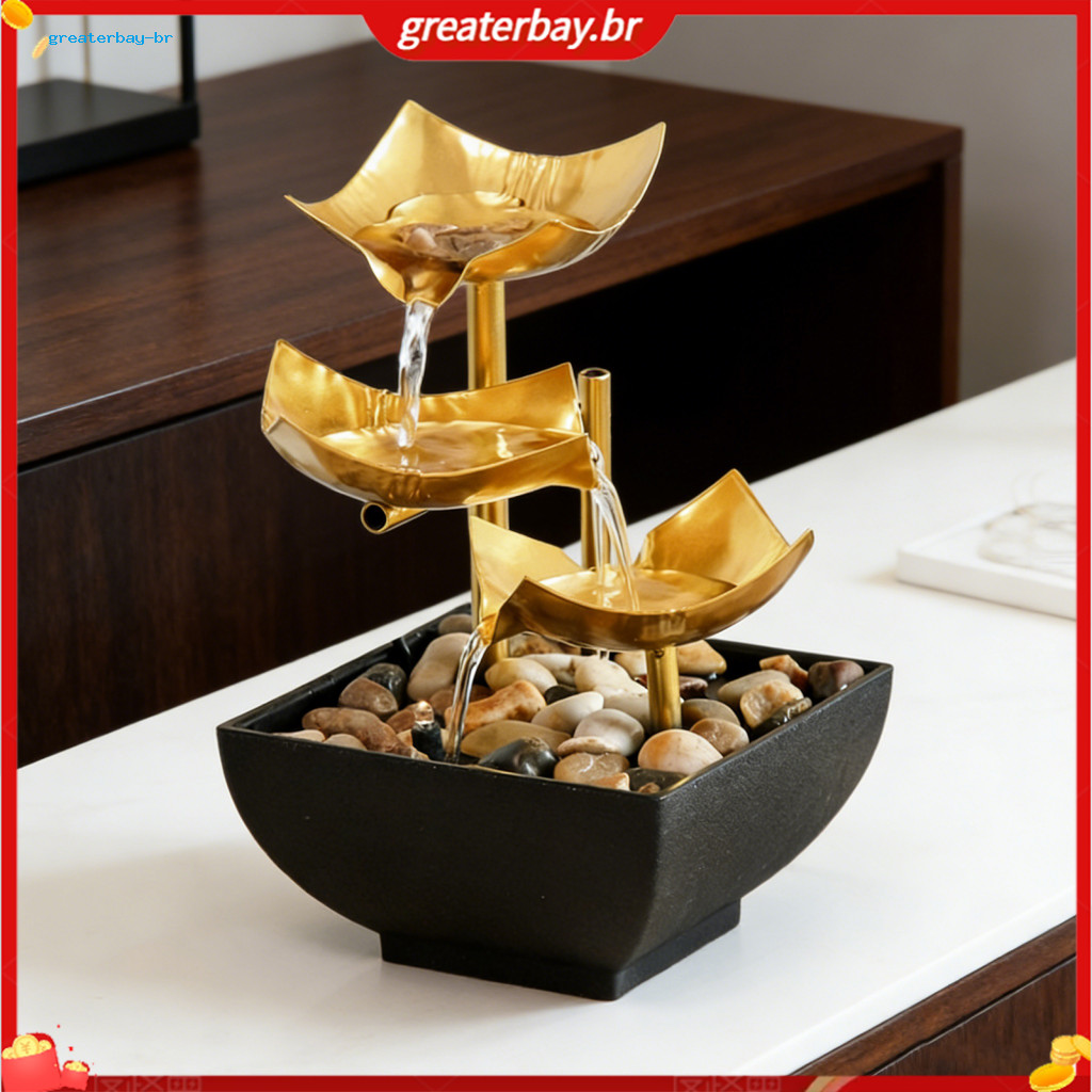 Gold 3-tier Lotus Tabletop Water Fountain with Light – Small Indoor Desktop Decorative Waterfall for Home Bathroom Bed