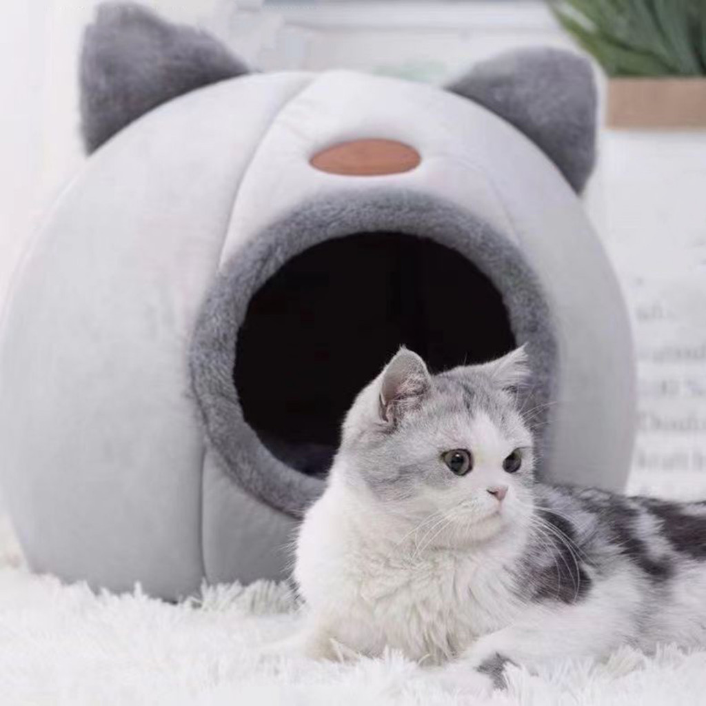 Plush Cat Bed Small Pet Cave Cozy with Ears – Enclosed Warm Nest Non-slip Bottom Perfect Indoor Hideout for to Cats an