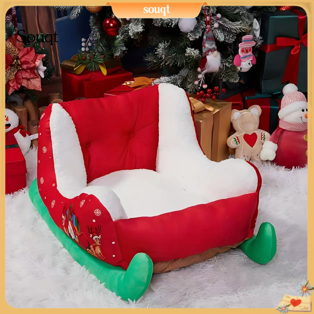 Christmas Red Sleigh Pet Bed – Plush Washable Cozy Dog Cat Couch for Floor Use Soft Fluffy Xmas Perfect for Small to M