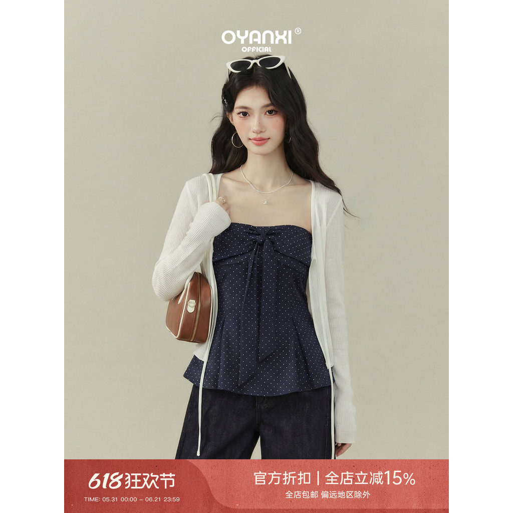 Ouyangxi < Plaid Walking > Polka Dot Bowknot Tube Top Colete Conjunto Feminino Primavera Cardigan Top Conjunto de Duas P