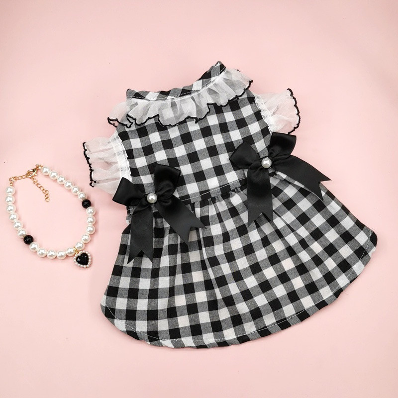 Vestido De Cachorro Balck Ladylike Plaid Dress Bowknot Decor Com Colar De Pérola Conjunto De Roupa De Gato Guaze Sleev