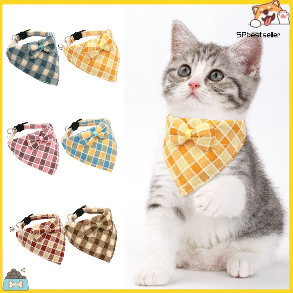 SP * Plaid Padrão Bowknot Decoração Ajustável Fivela Sino D-ring Pet Coleira Cachorro Gato Triângulo Pescoço Lenço Babete Suprimentos