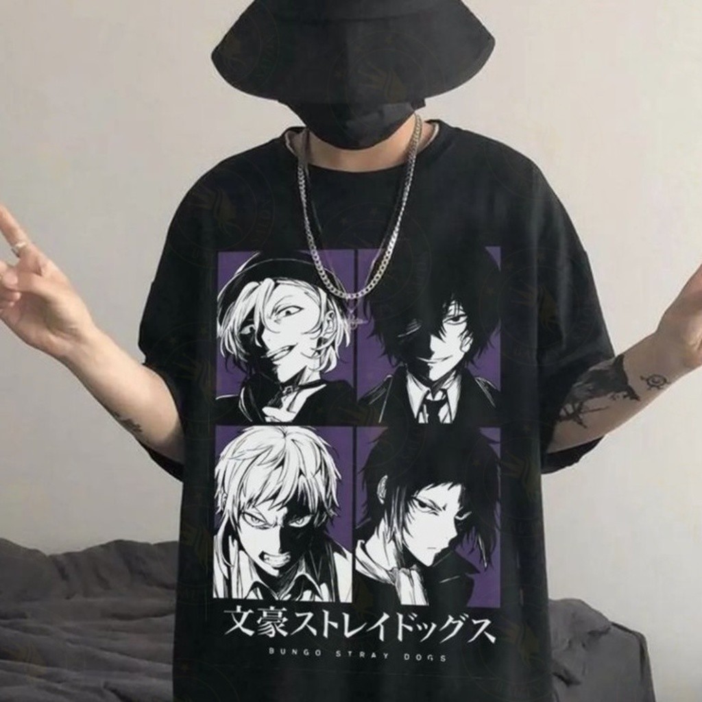 Camiseta oversize de algodão preta Anime Bungo Stray Dogs Osamu Dazai Atsushi Nakajima Unissex Casual