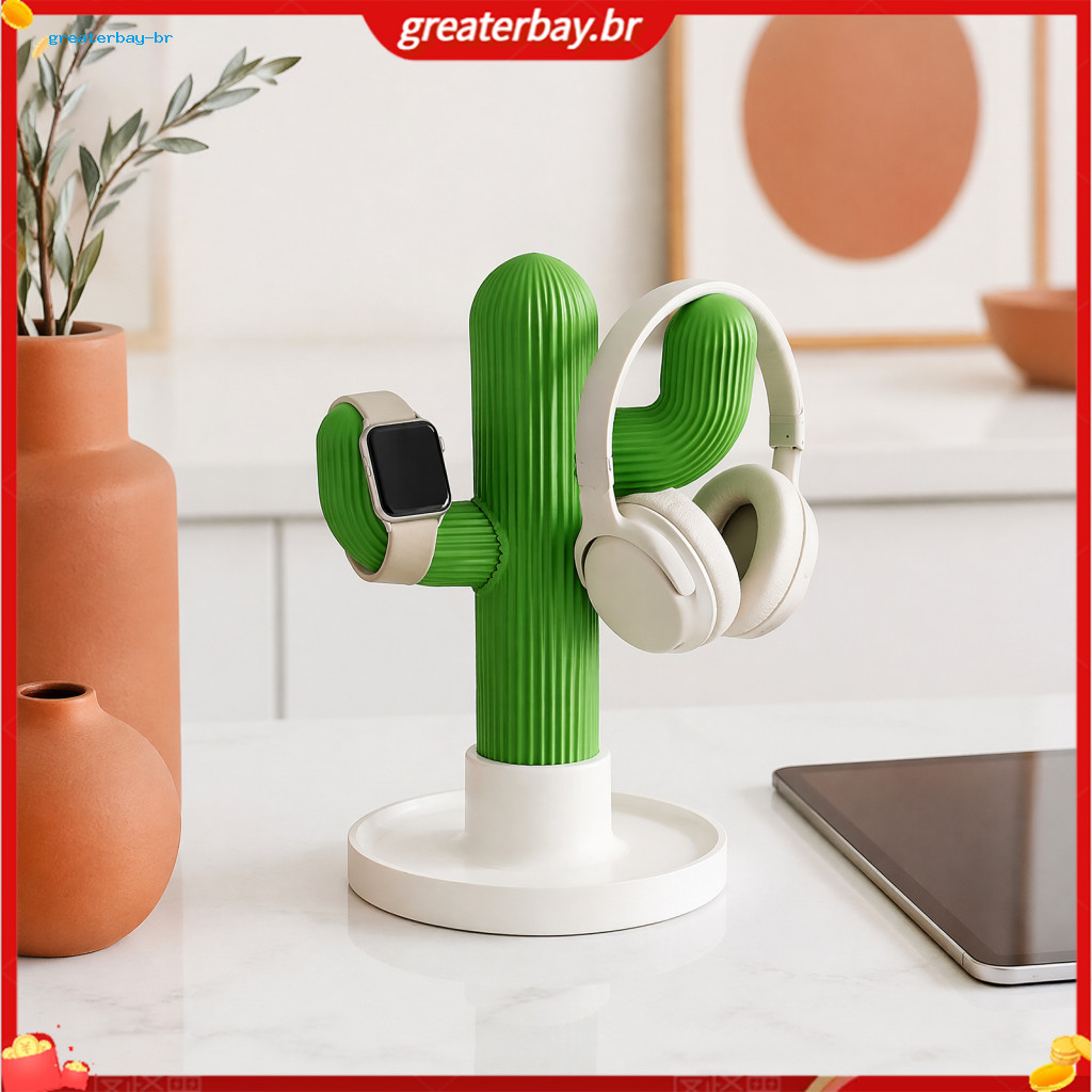 Cactus Headphone Stand and Watch Holder 3d Printed Desktop Organizer with Cable Storage Tray Perfect for Earphones Watch