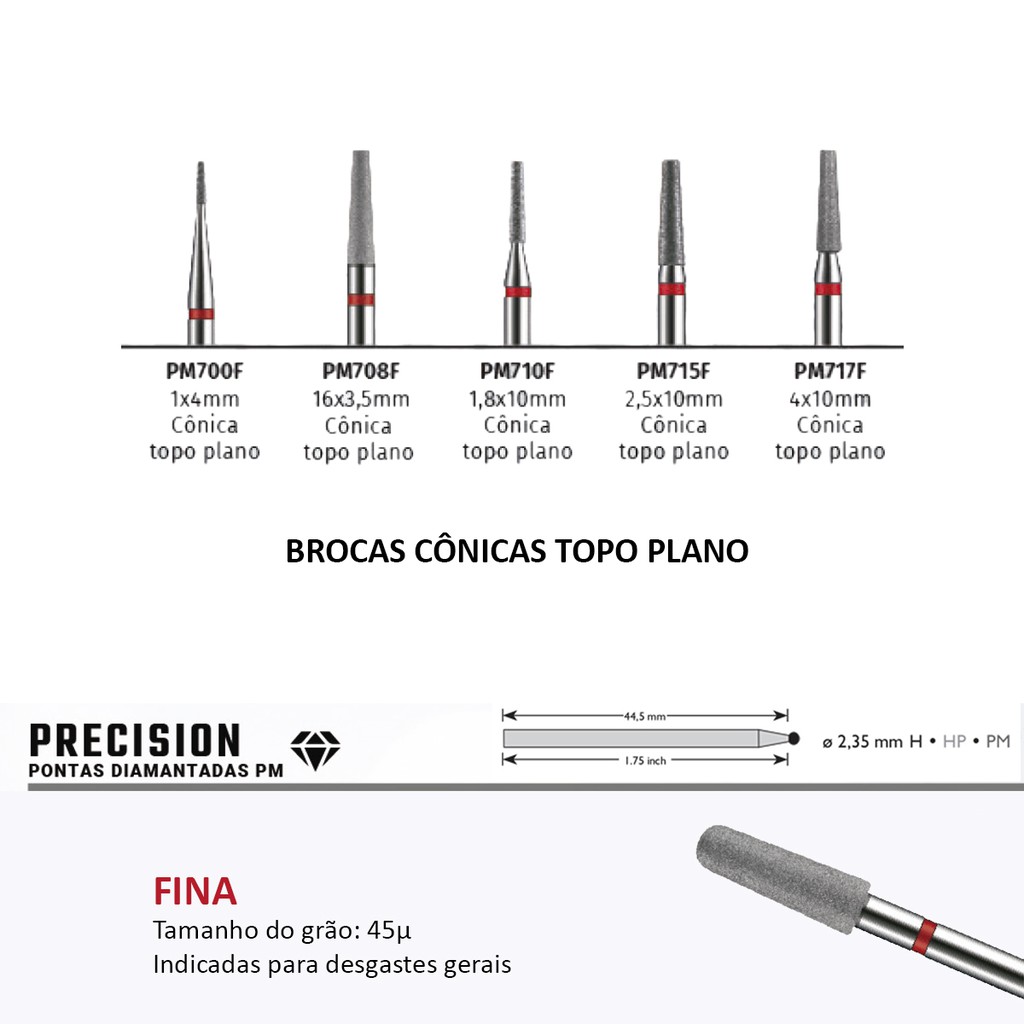 Broca Diamantada Precision Cônica Topo Plano American Burrs - Granulação Fina