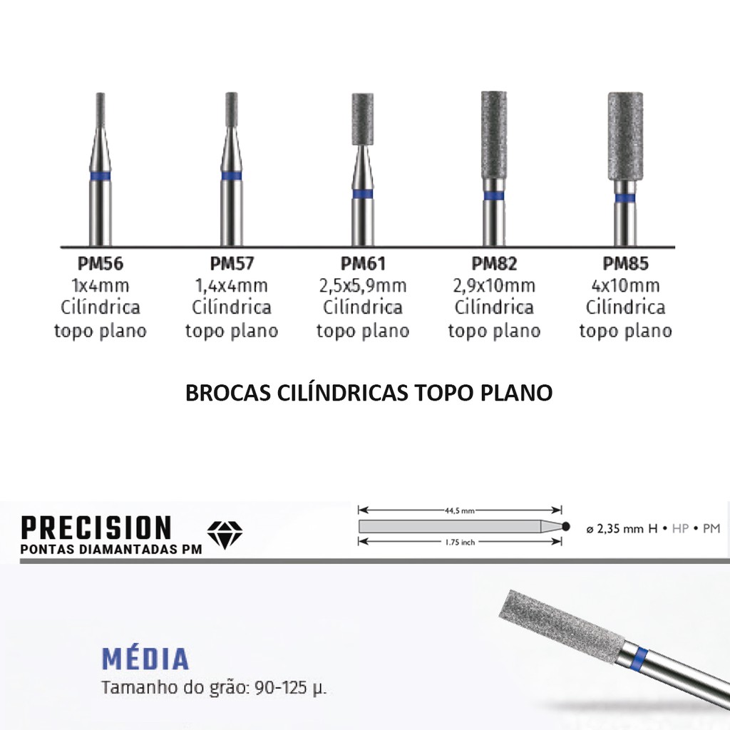 Broca Diamantada Precision Cilíndrica Topo Plano American Burrs - Granulação Média