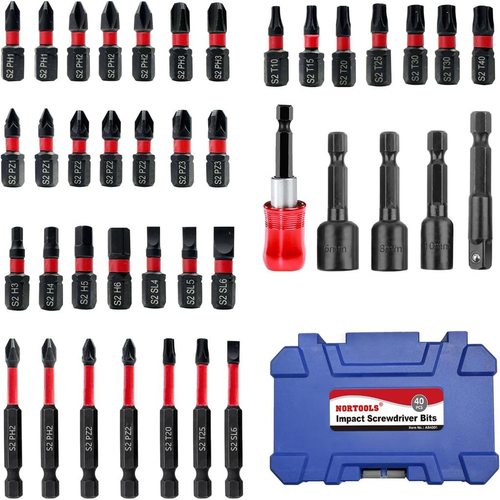 Conjunto de 40 peças de pontas de chave de fenda de impacto Phillips, Slotted e Torx, em aço S2, conjunto de soquetes ma