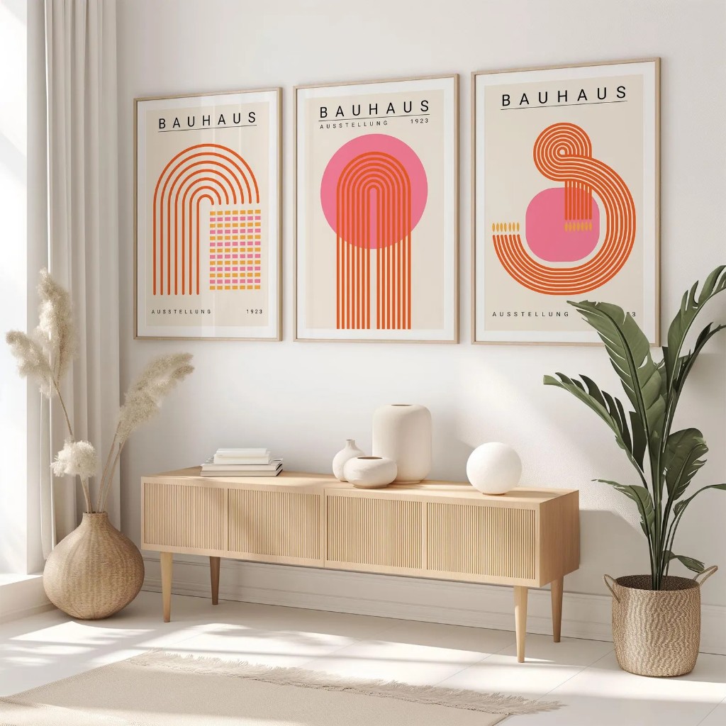 Kit 3 Quadros Decorativos Geométrico Bauhaus Para Sala, Quarto ou Escritório – Volume e Espaco No1