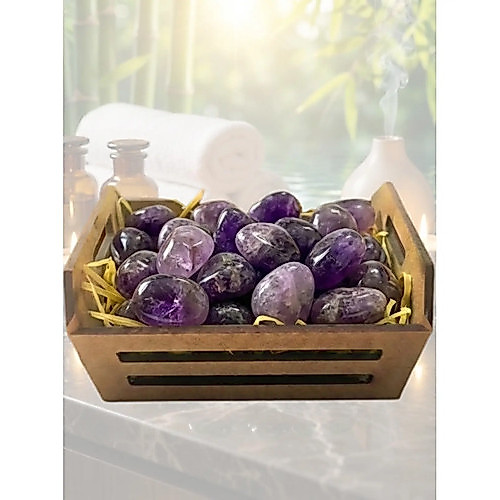 Kit Pedra Cristal Ametista Rolada Natural Caixote Madeira Roxo Reiki Zen Aromaterapia Presente Linda MDF