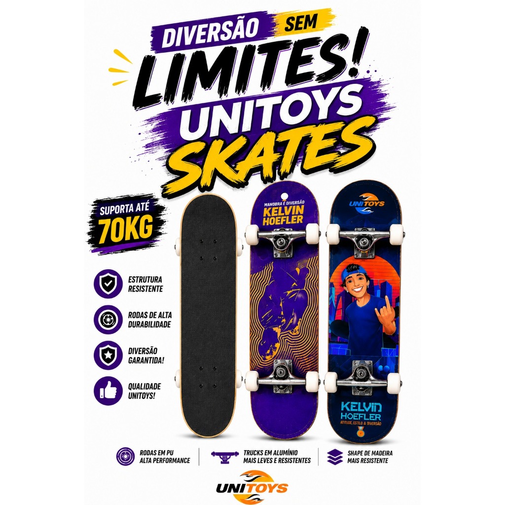 Skate Completo Kelvin Hoefler Semi-Profissional Com Shape Ultra Resistente, Antiderrapante