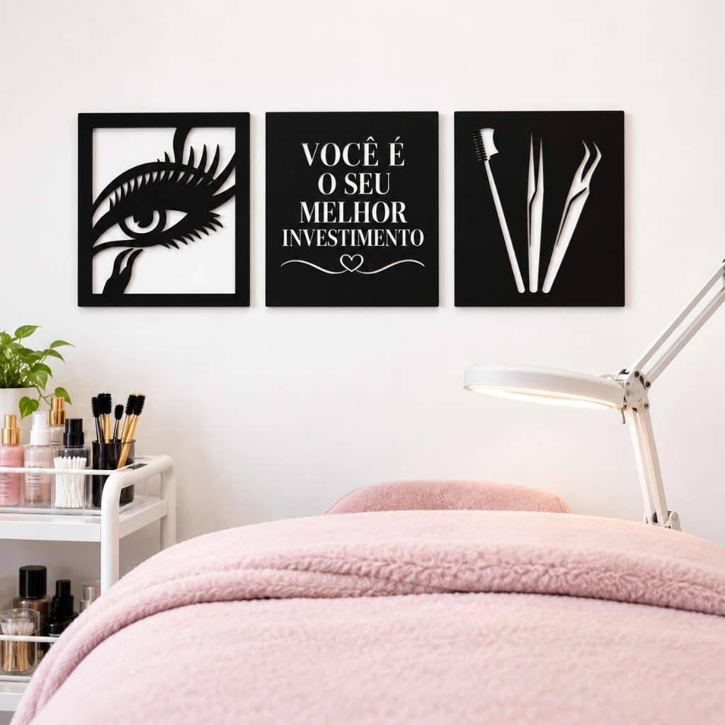Kit 3 Quadros Lash Designer Cílios Studio Sobrancelhas Decorativo Cílios Frase de Parede Mdf
