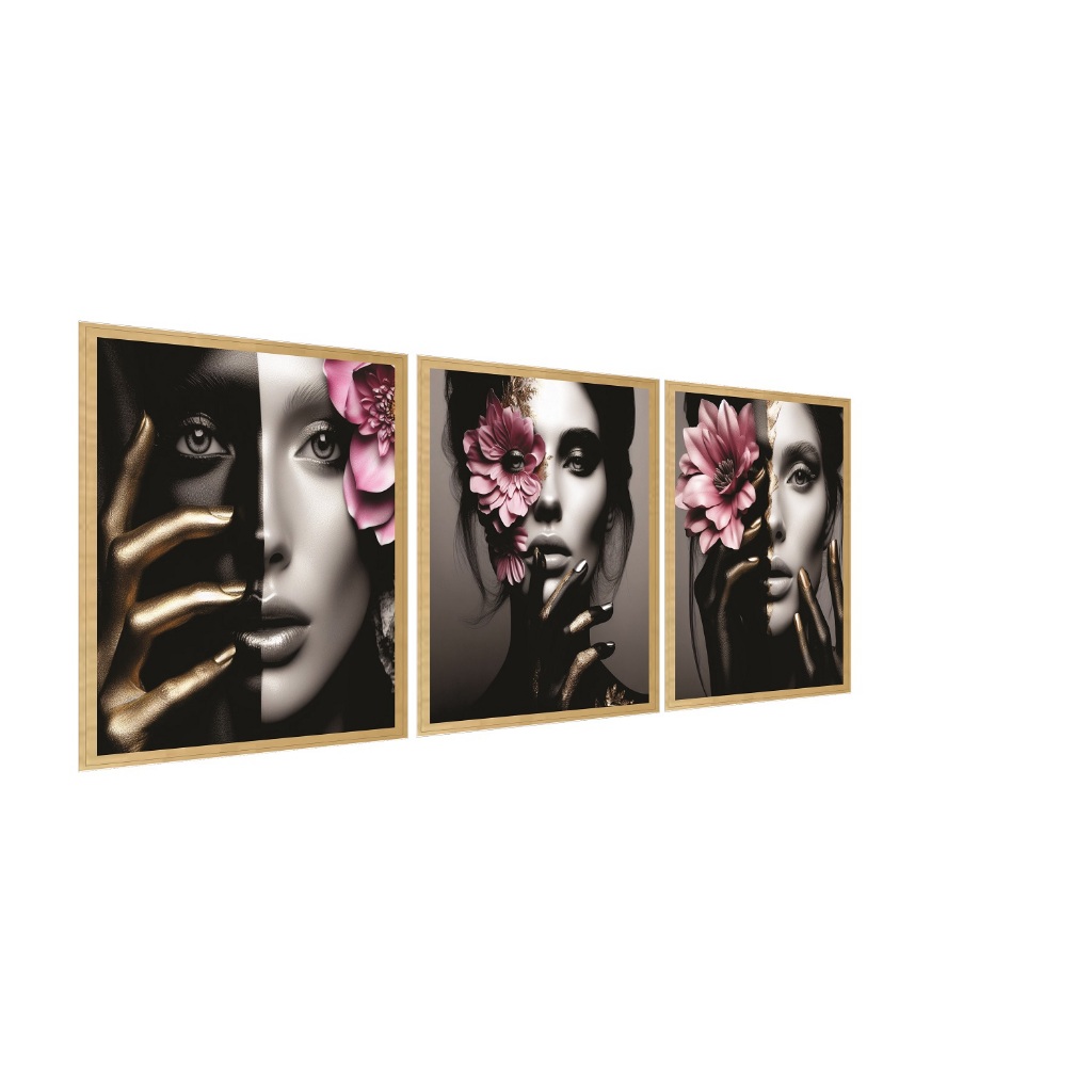 Kit 3 Quadros Decorativos Mulher Floral Luxo Preto Dourado Rosa Premium