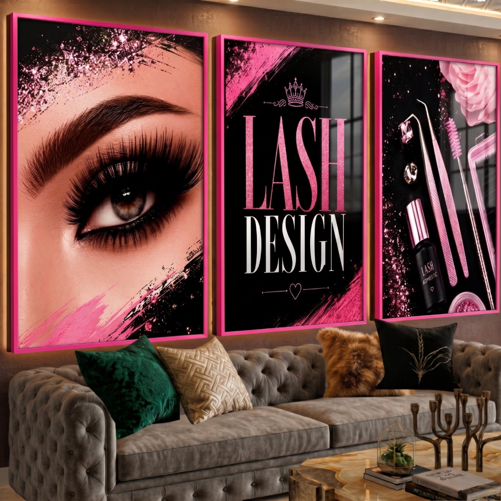 Kit 3 Quadros Decorativos Lash Designer Cílios Rosa e Preto Salão de Beleza Extensão de Cílios Estética Espaço Feminino