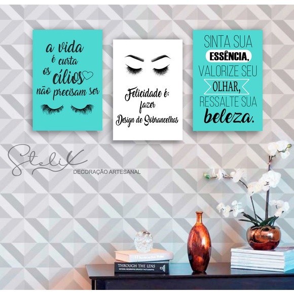 Kit Quadros Decorativo Mosaico  Designer de Sobrancelhas e Cilios 3 peças 20x30 mdf alta qualidade