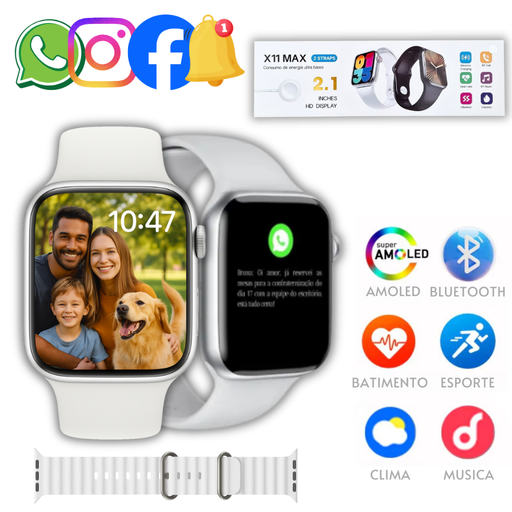 Relógio Smartwatch X11 Pro Max Branco Com Bluetooth Atividade Física Chamada Foto e Recebe Ligações