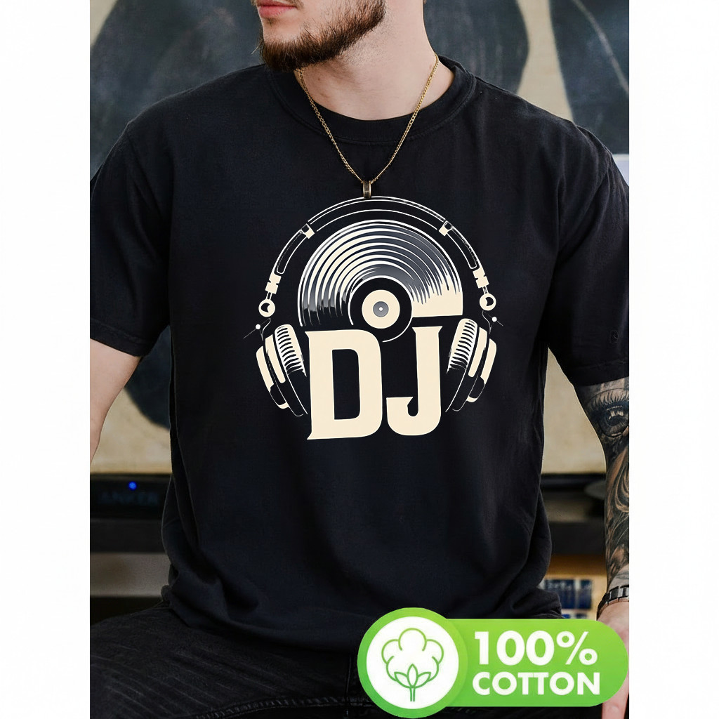 Camiseta Masculina Estampa DJ Moderna Atemporal Estilosa Com Design de Fones de Ouvido e Vinil Casual