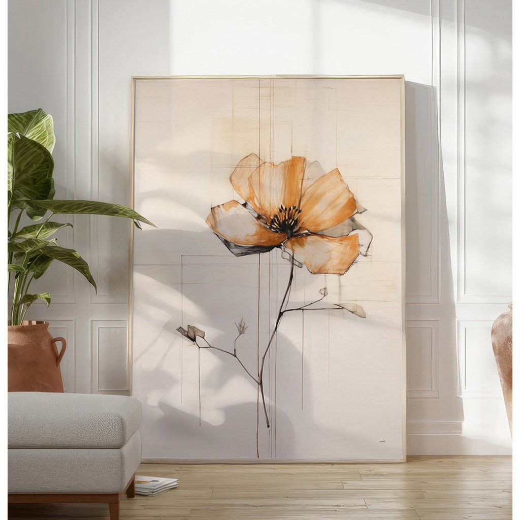 Quadro De Flores Abstrato Grande Quadro Decorativo Sala Quadro Com Moldura Flor Aquarela Laranja