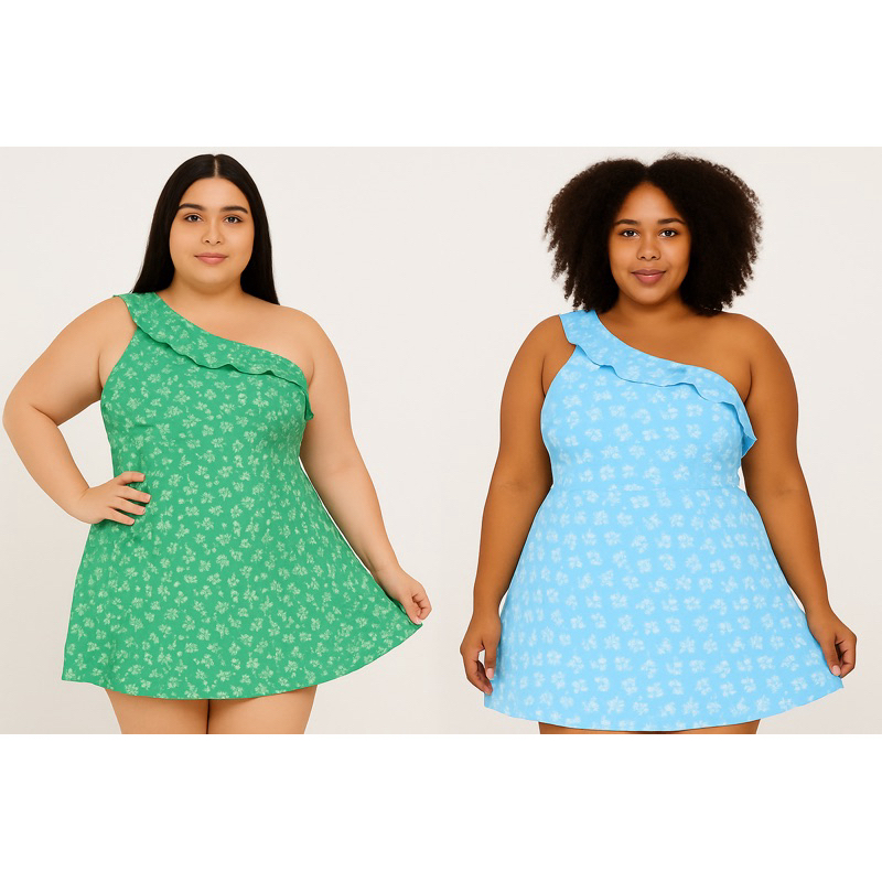 Macaquinho Vestido Plus Size Feminino Floral com Babado – Moda Casual Elegante