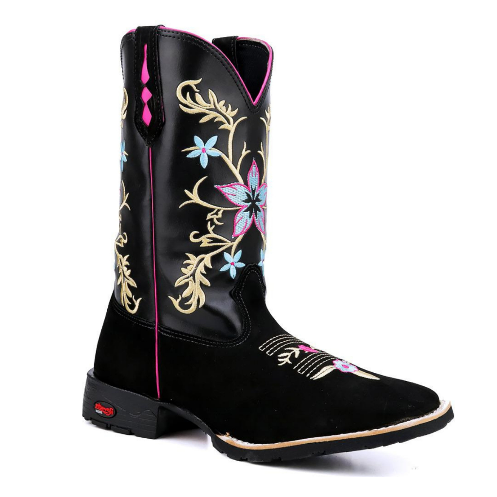 Texana em Couro Legítimo Preto com Bordado Floral Dourado Estilo, Conforto Premium e Durabilidade
